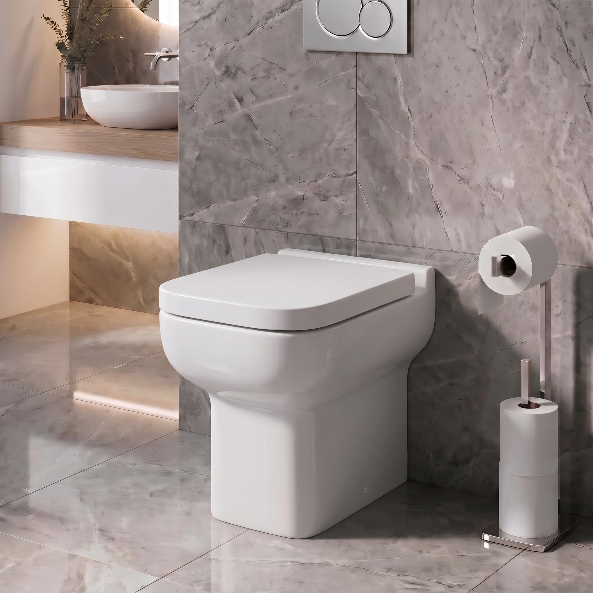 Affine Amelie Modern Bathroom Cloakroom Back to Wall Toilet Space Saving Short Projection Small BTW WC Toilets, Soft Close Seat, Square Curved Pan, White Gloss Ceramic — image 1