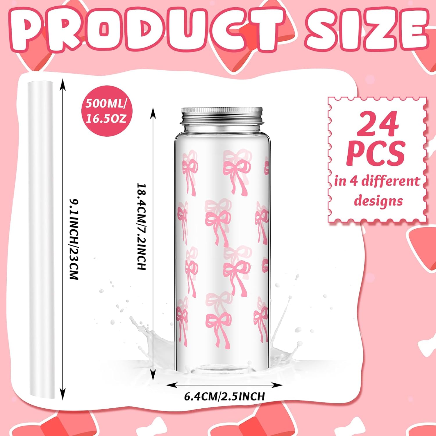 24 Pcs Coquette Bow Aesthetic Cup Pink Bow Plastic Tumbler with Lids and Straws Reusable Cute Plastic Cups for Women Birthday Bridal Shower Wedding Party Supplies(500ml,16.5 oz)