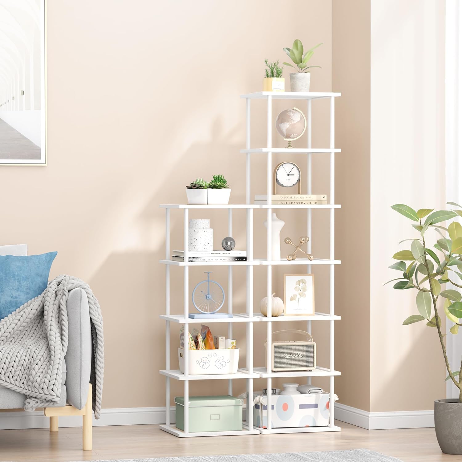 Vertical Tall Shoe Rack Organizer for Entryway -12 Tier Free Standing Slim Narrow Bamboo Wood Corner Stackable Shoe Boots Storage Stand Small Spaces for Closet Garage Cloakroom Living Room (White)