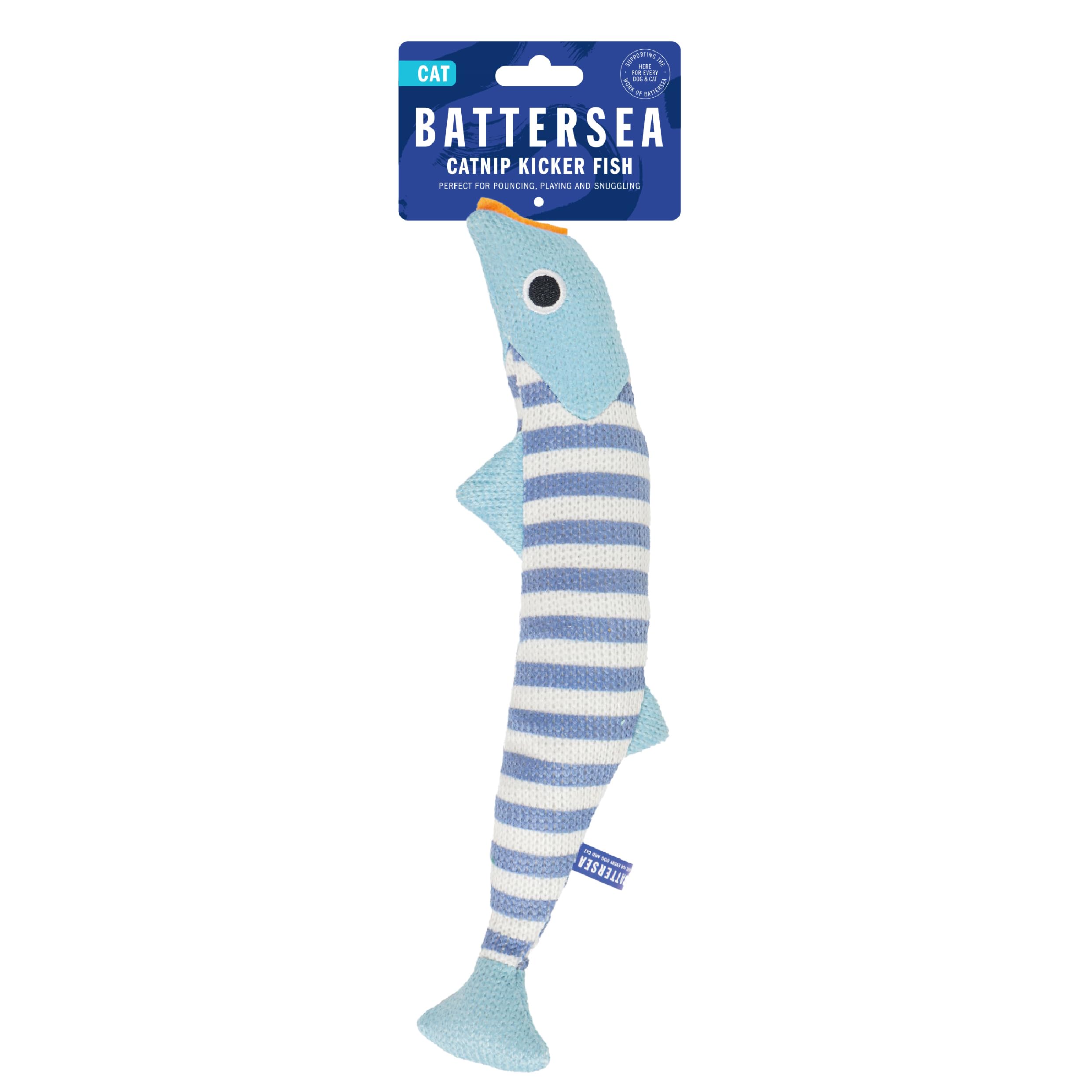 Rosewood Battersea Cat Kicker Fish Toy β Blue/White Striped Plush Cat Toy for Cats and Kittens, Catnip-Infused, Interactive Kicker for All Breeds, UK Charity Partnership β 30 cm