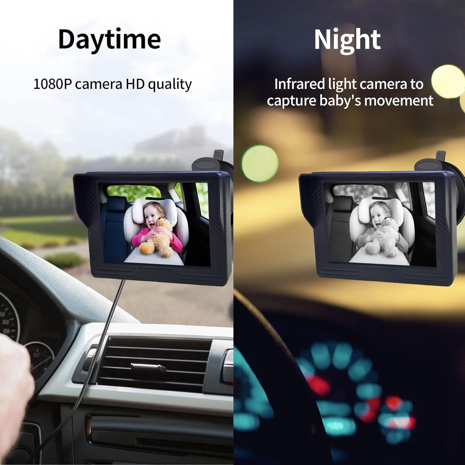 B-Qtech Baby Car Camera Monitor Night Vision HD 1080P Easy to Install 360° Rotating Car Baby Cameras for Back Seat Rear Facing View Infant Gift for Newborns