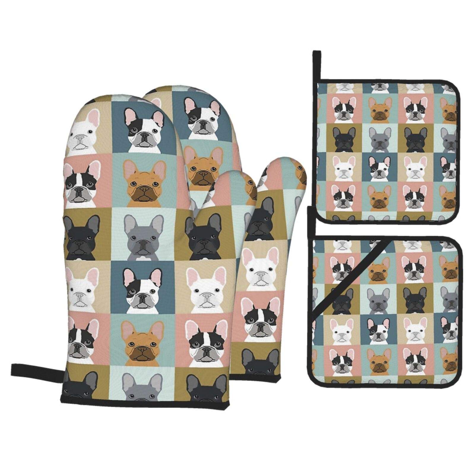 Msacrh Cute French Bulldogs Oven Mitts and Pot Holders Sets of 4,Resistant Hot Pads with Polyester Non-Slip BBQ Gloves for Kitchen,Cooking,Baking,Grilling