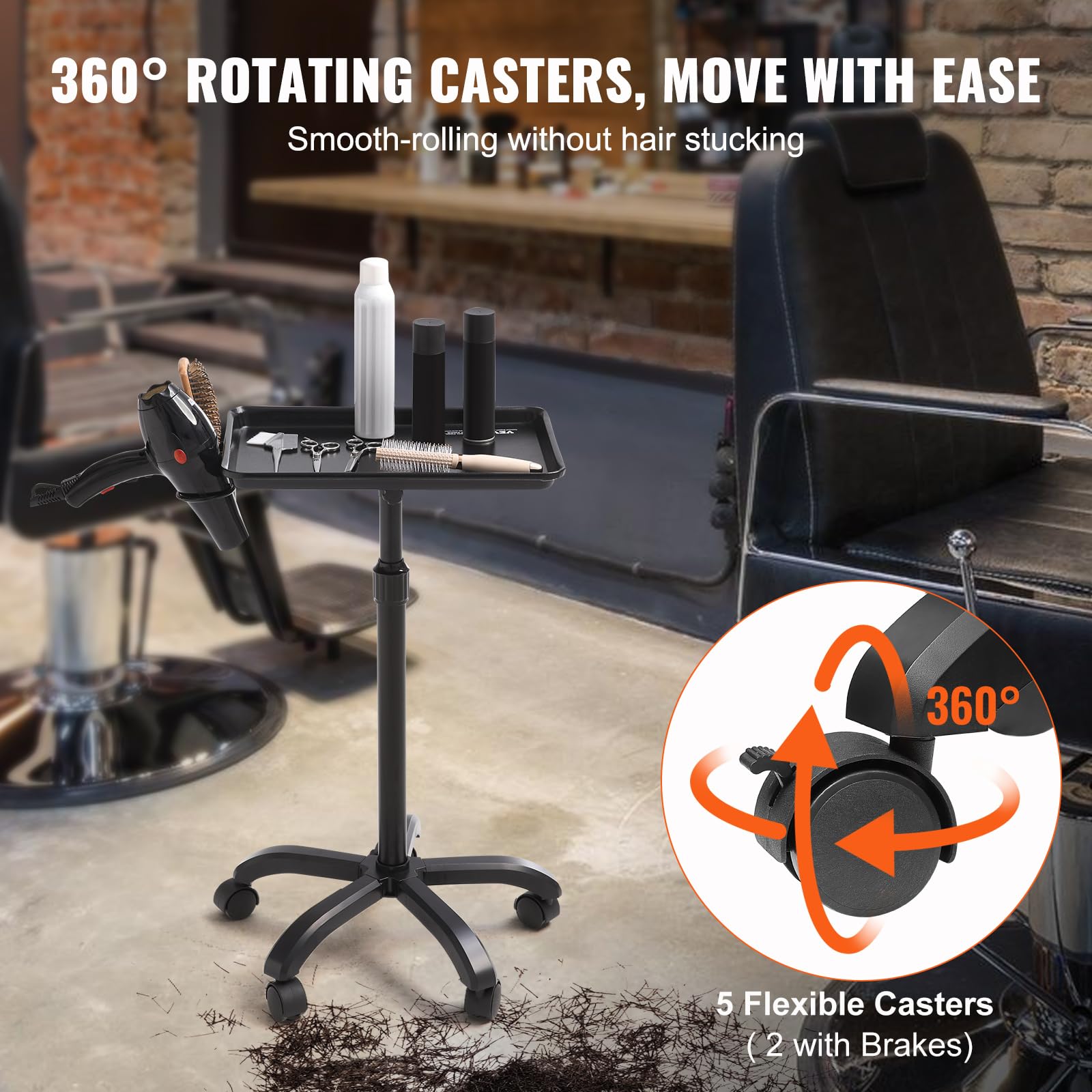 VEVOR Chariot de plateau de salon réglable en hauteur 30"-43", plateau de tatouage roulant en plaque laminée à froid, 5 roues (2 verrouillables), noir