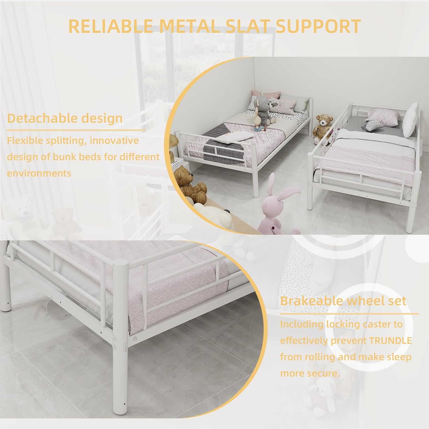 Bunk Bed Twin Over Twin, High Guardrail and Metal Slats Adult Teenager Double Bed Bunk Bed with Storage Dorm Small Spaces Guest Room - No Box Spring Needed (White)