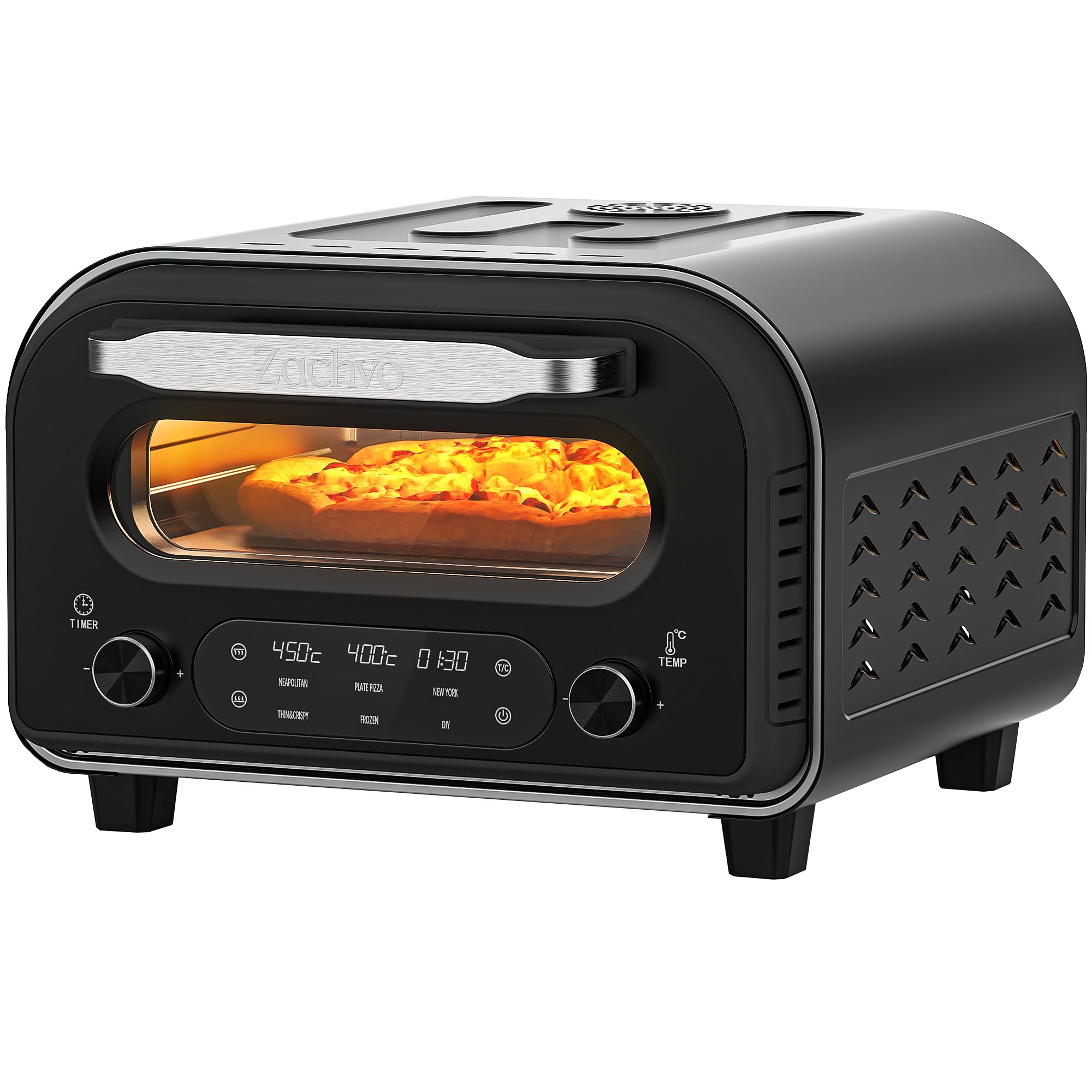 ZACHVO Forno per pizza elettrico - fino a 450℃, 5 tipi di pizza preimpostati, touchscreen e manopole rotanti, timer da 1 a 60 minuti, corpo in acciaio inossidabile, per pizza da 32 cm