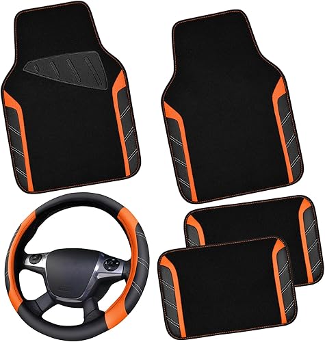 Miniatura 11 de CAR PASS Funda de cuero para volante y alfombrillas impermeables para automóvil, combo universal de microfibra para autos que se adapta al 95 %