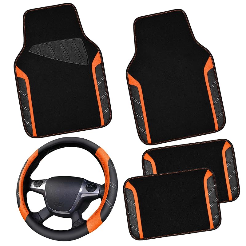 Kit de Capa para Volante e Tapetes Automotivos CAR PASS em Couro Sintético Preto e Laranja, para Carros, SUVs, Vans e Caminhões