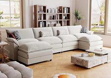 JUMMICO 159" Modular Sectional Sofa, Oversized U Shaped Cloud Couch, White | Reversible Ottoman, DIY Combination, Comfy Chenille, Metal Frame, Convertible 4-Seater Couches for Living Room, Apartment