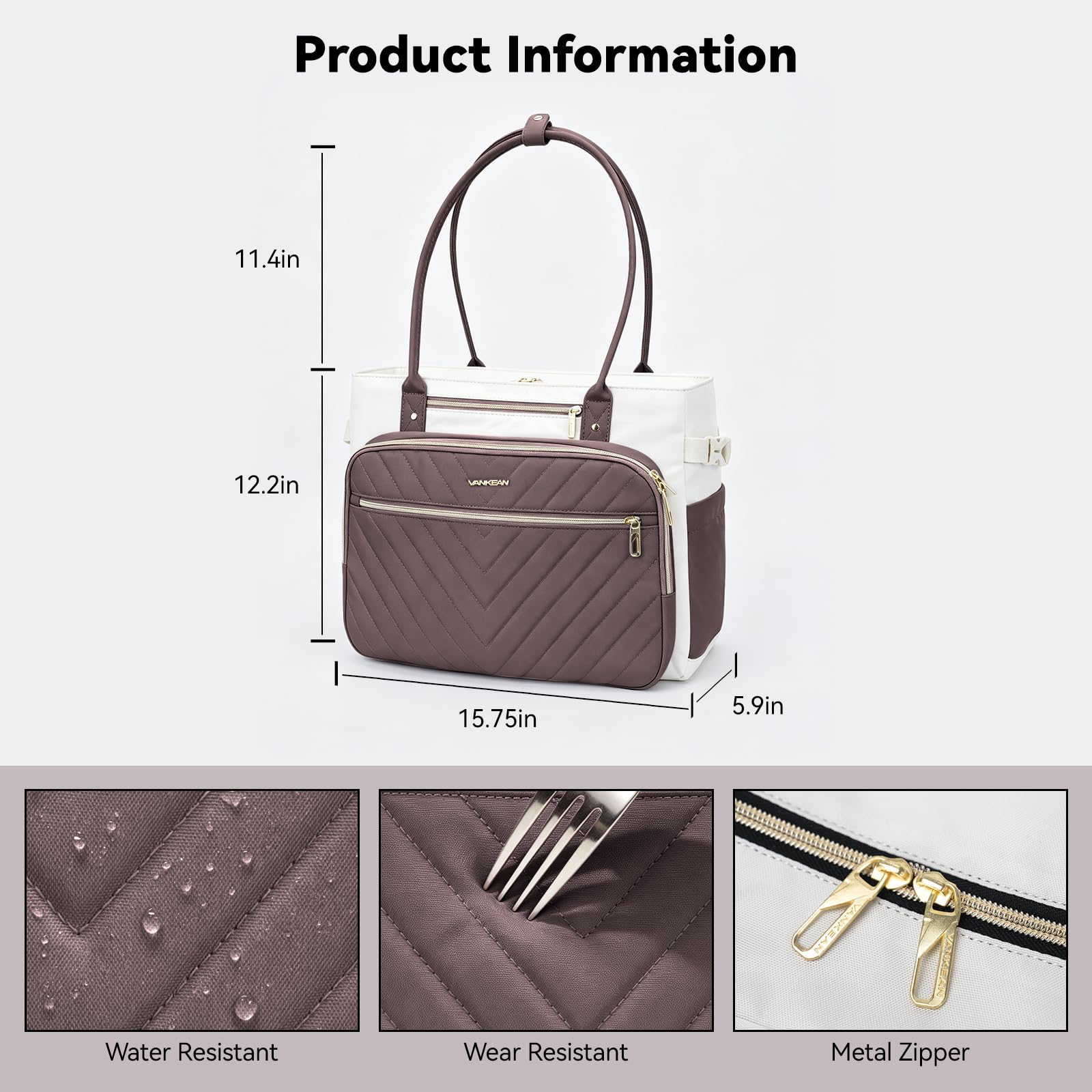 VANKEAN Borsa per computer portatile da donna, 15,6 pollici, borsa da lavoro impermeabile, borsa a tracolla per computer, borsa grande per lavoro, viaggi d'affari, beige/caffè