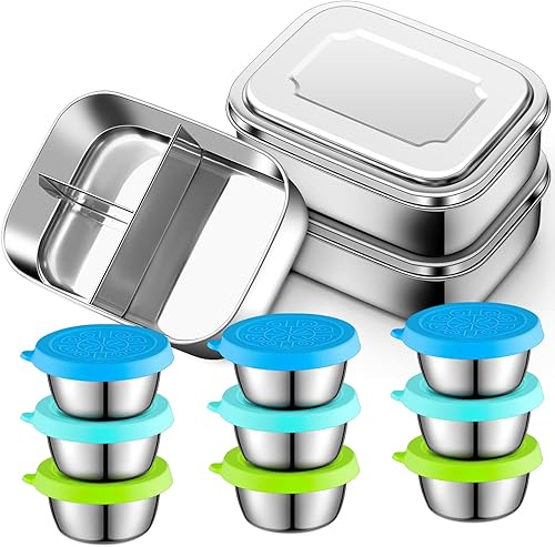 Juego de 12 cajas Bento de acero inoxidable, incluye 3 recipientes para almuerzo para niños, 3 secciones, contenedores de control de porciones, 9