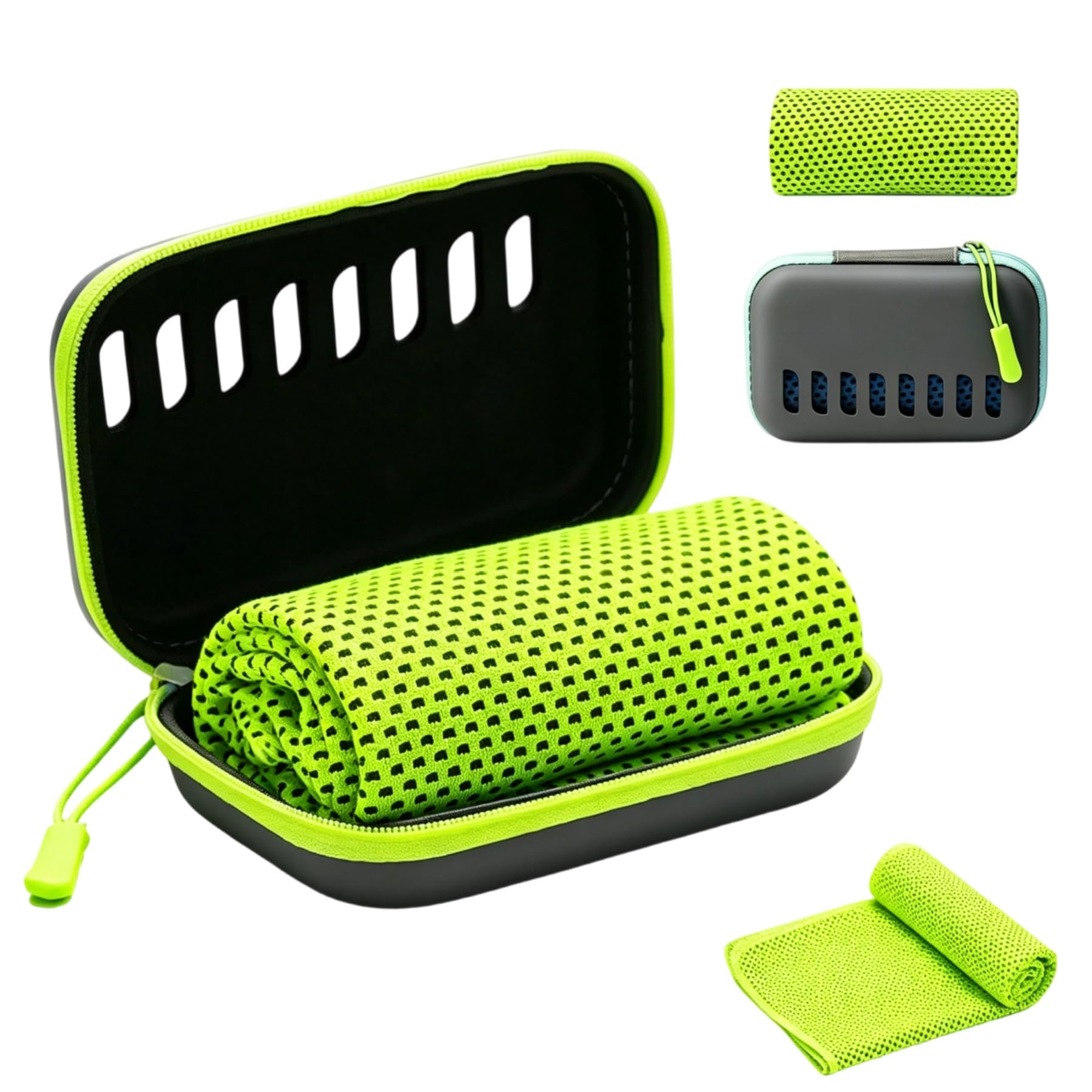 Cooling Towel with EVA Storage Case, 100x30 cm Quick Dry Microfibre Neck Scarf, Breathable Sweat-Absorbing Sports Towel for Gym, Running, Yoga, Hiking & Hot Weather,Green