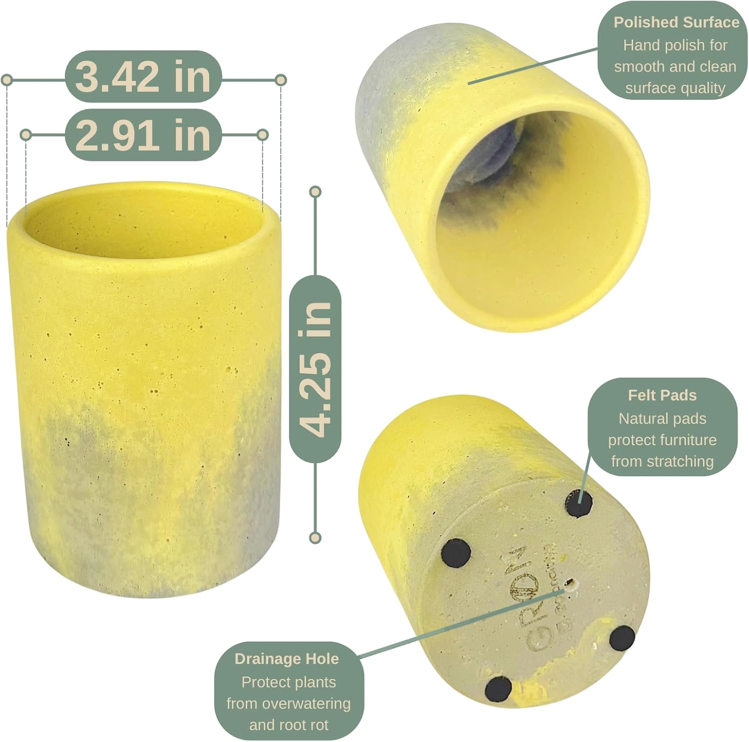 Gron Atolye Unique Concrete Flower Pot, Modern Handmade Cylindrical Cement Planter with Drainage Hole, Indoor & Outdoor, Natural Artistic Touch to Home, Office and Garden (Yellow, Small)