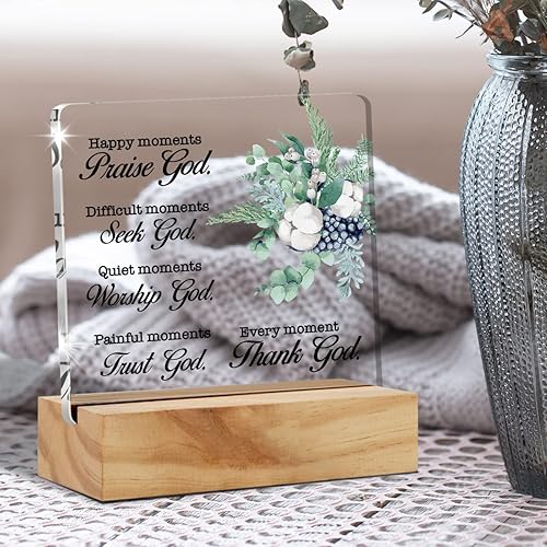 Miniatura 5 de Regalo cristiano inspirador, versículo de la Biblia Happy Moment Alabanza Dios, decoración de escritorio, letrero de acrílico con soporte de madera,