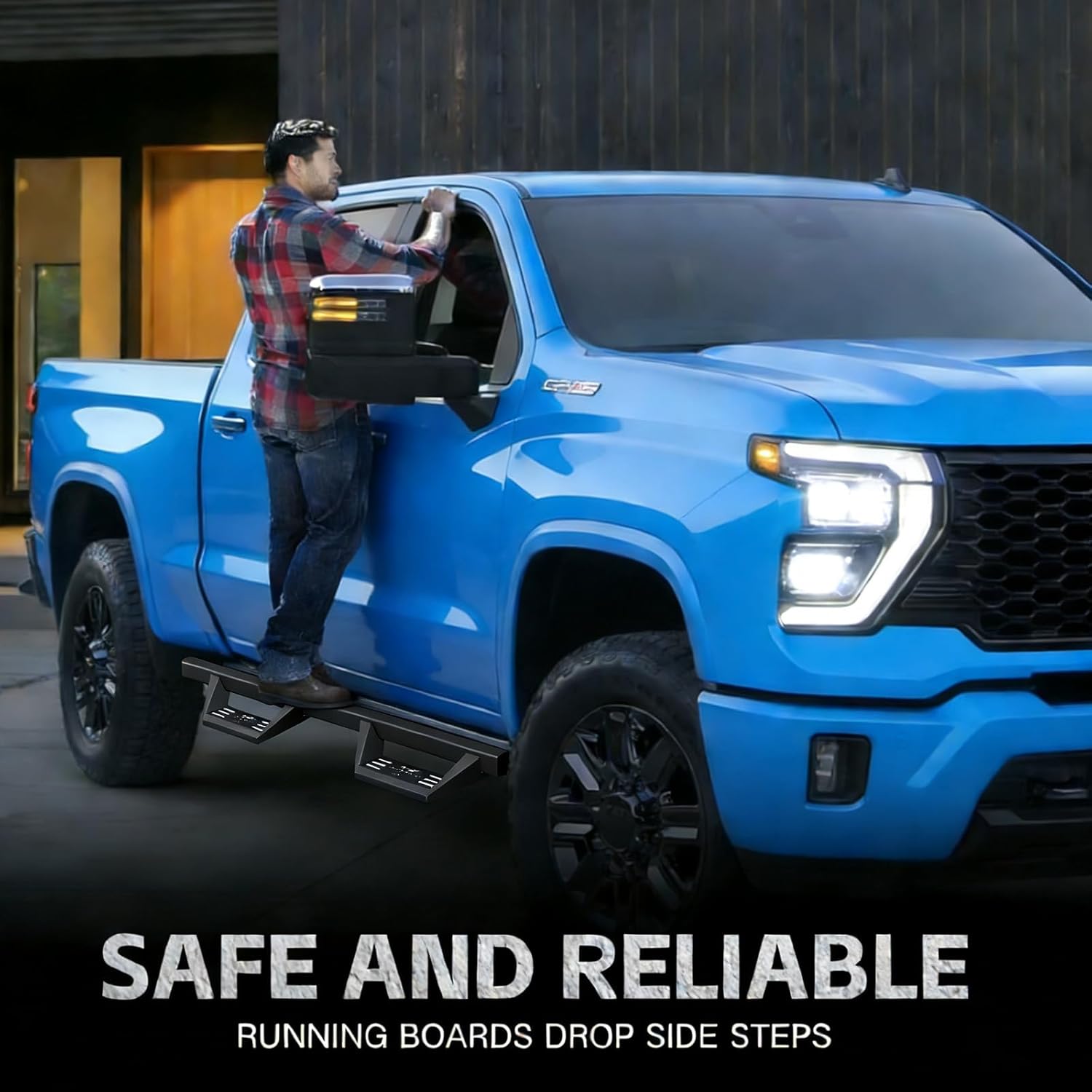 Running Boards Crew Cab Compatible with 2019-2026 Chevy Silverado GMC Sierra 1500, 2020-2026 2500HD 3500HD Two Stairs Design Heavy-Duty Nerf Bars Step Bars Rock Sliders Rail