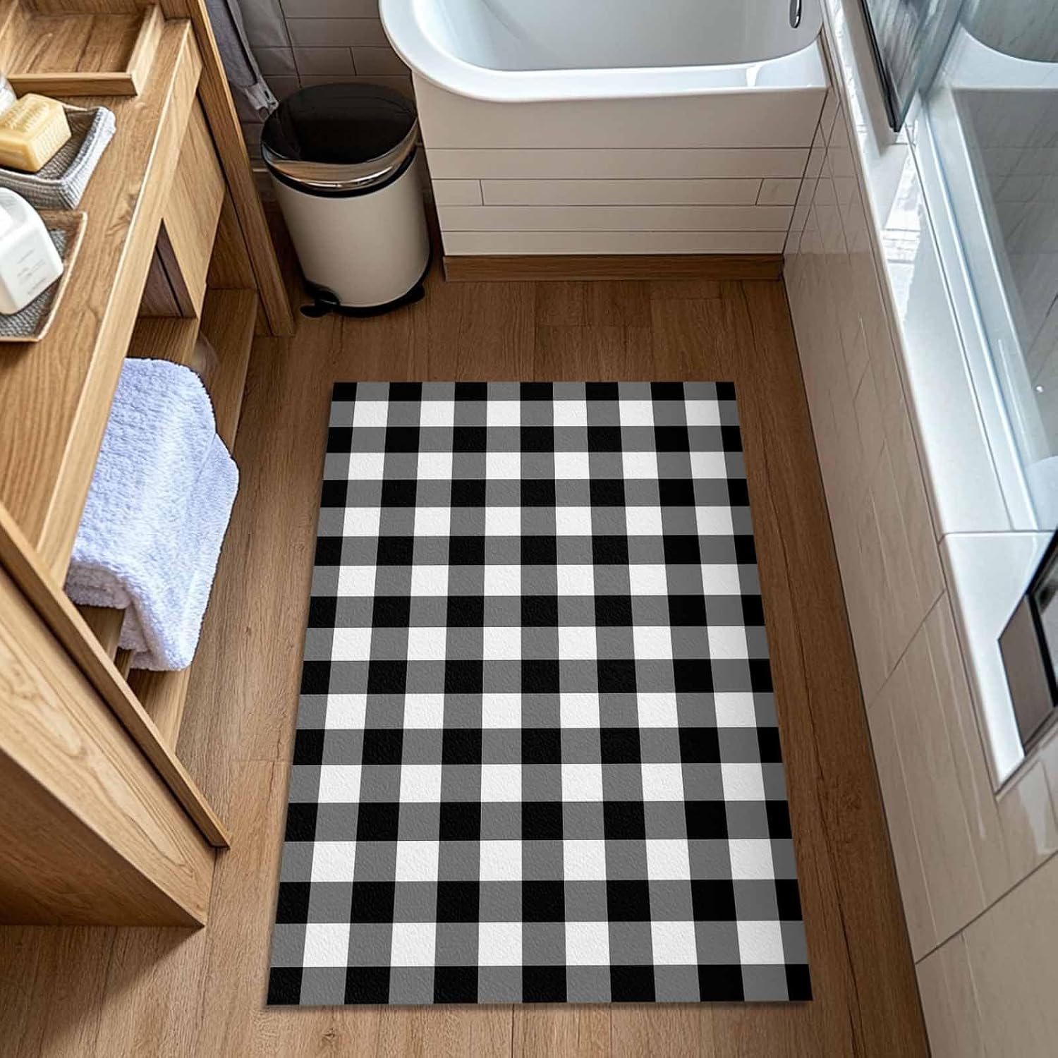 Black White Buffalo Plaid Entrance Floor Mat Personalized Doormat, Check Texture Welcome Door Mat, Low Profile Non Slip Entry Rugs for Kitchen Bathroom Home Front Decor, 18x30in