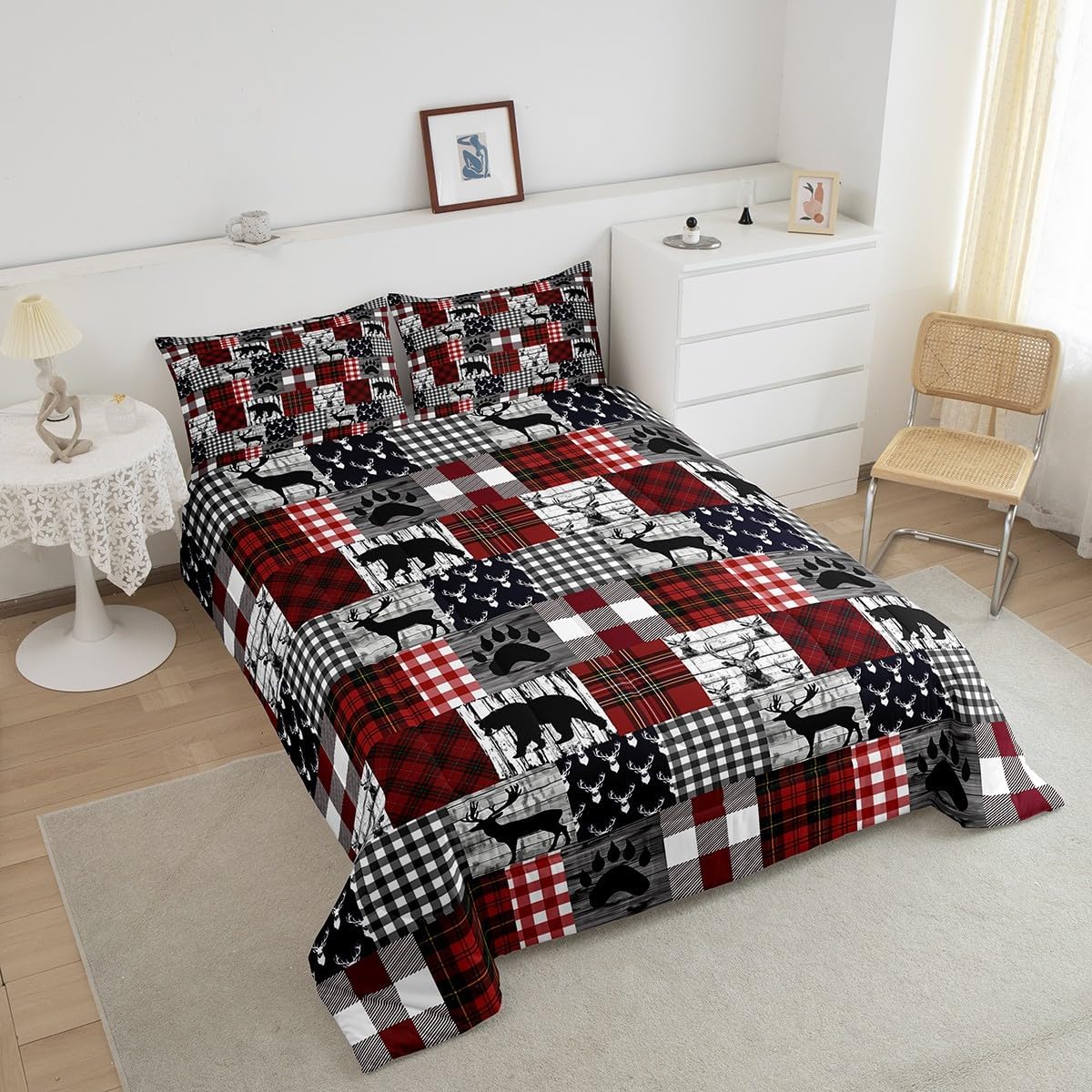 Erosebridal Rustic Patchwork Quilt,Checkered Buffalo Plaid Bedding Set for Kids Teens Adult,Woodland Wildlife Bear Moose Elk Pine Trees Pattern Queen Comforter Set Farmhouse Decorations,