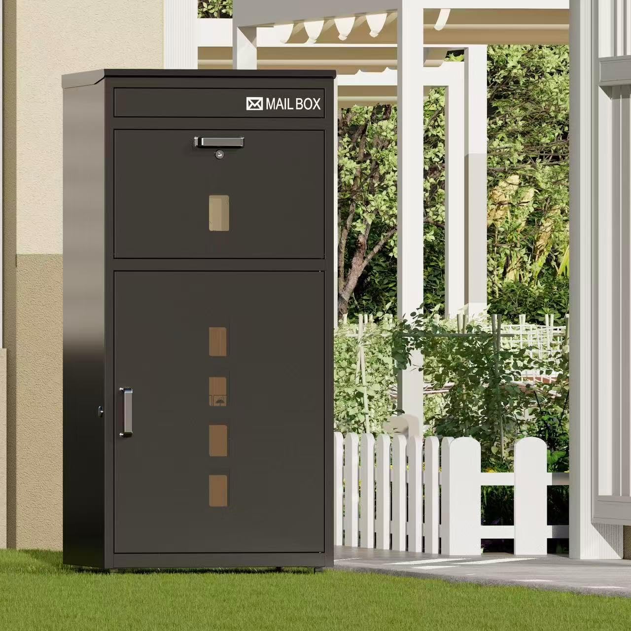 Large Outdoor Package Delivery Box with Lock | Weatherproof Anti-Theft Parcel Box | Transparent Acrylic Viewing Window for Packages for Garden, Porch, Yard | (41.5H x 16.5D x 19.7W)