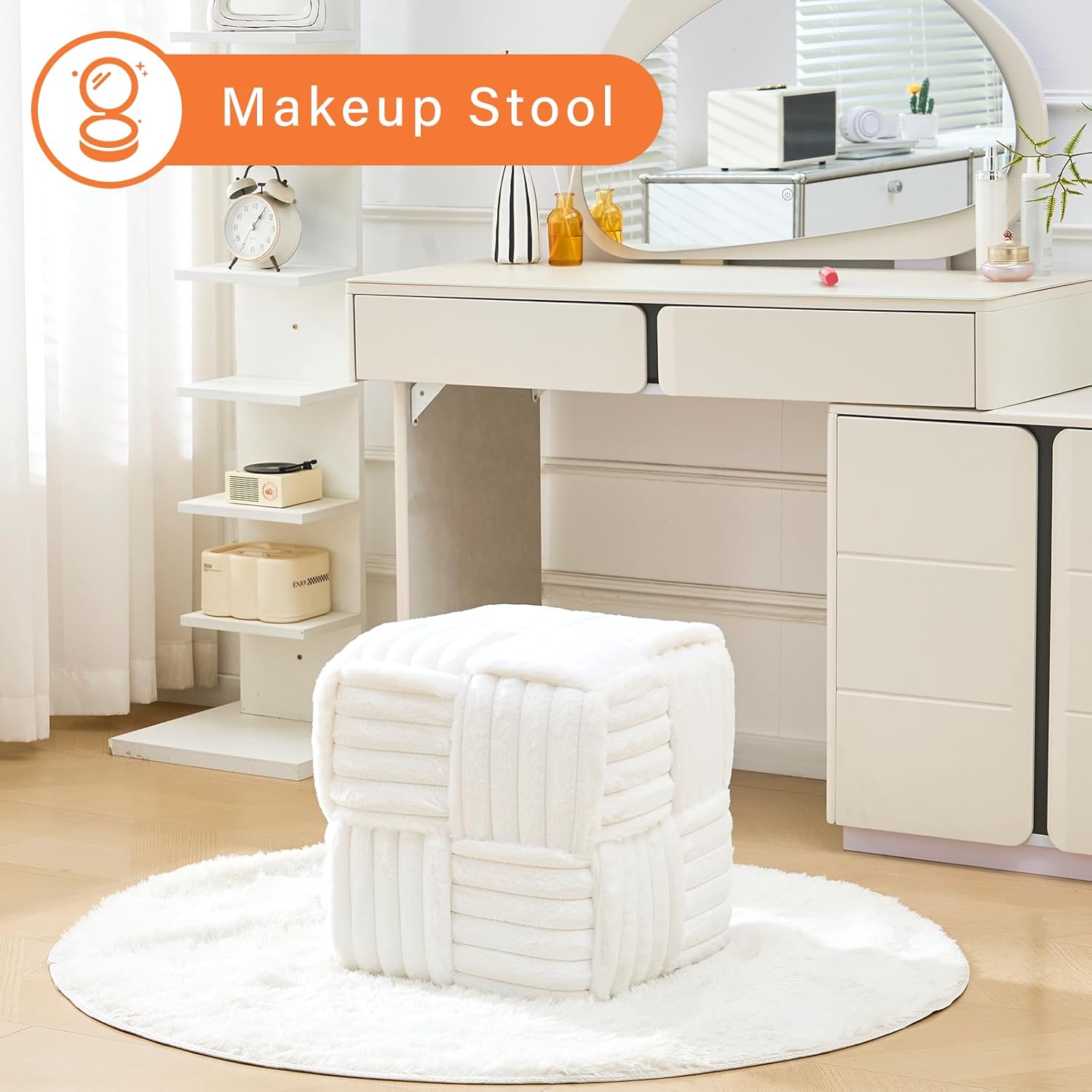 Faux Fur Ottoman Footrest 15.7" Square Vanity Stool, No Assembly Required, Soft Padded Seat for Bedroom, Living Room, Entryway (White)