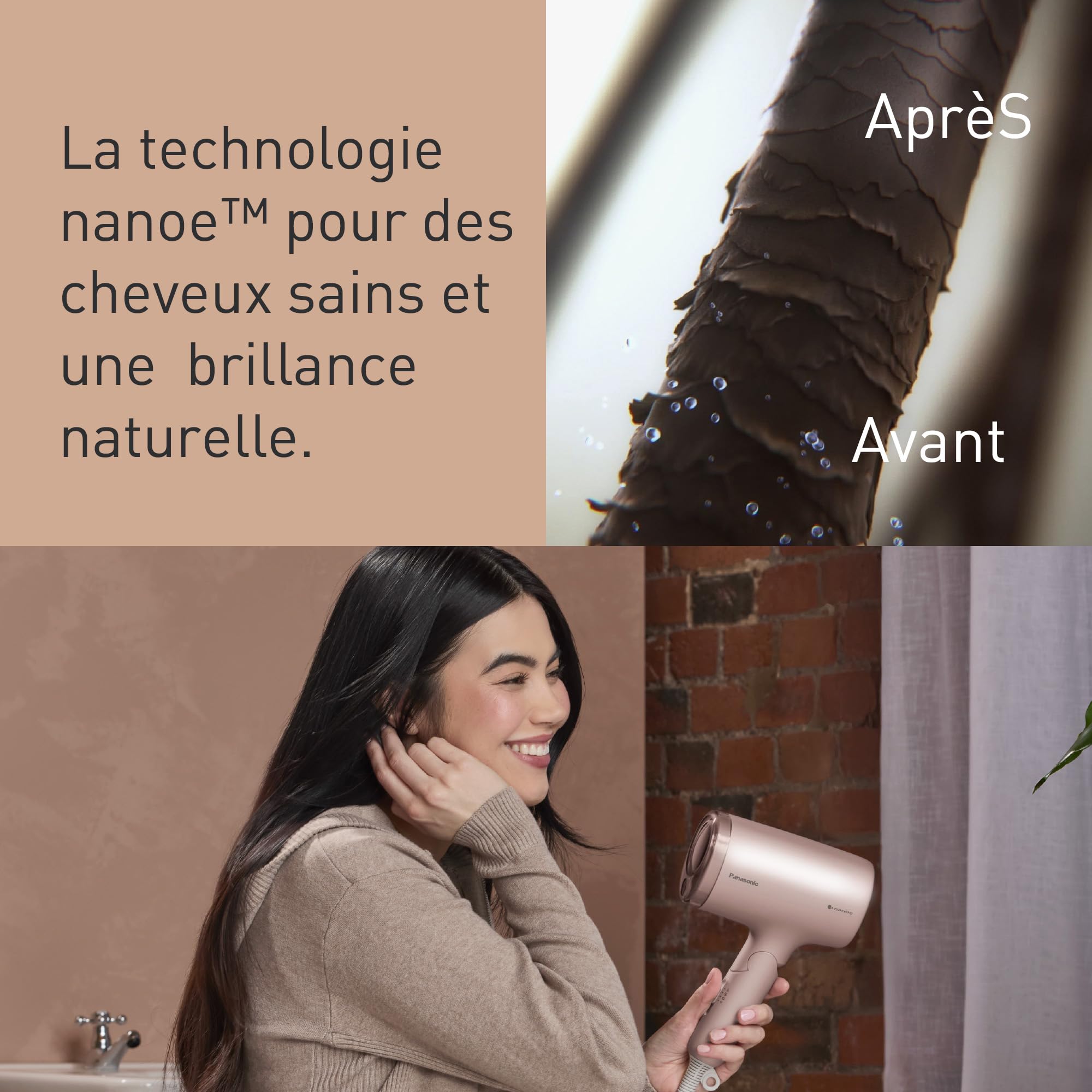 Panasonic EH-NA7M-P825 Sèche-Cheveux Nanoe pour des Cheveux Brillants, Design Pliable, Séchage Rapide, Accessoire Concentrateur, 1600W, Rose Clair