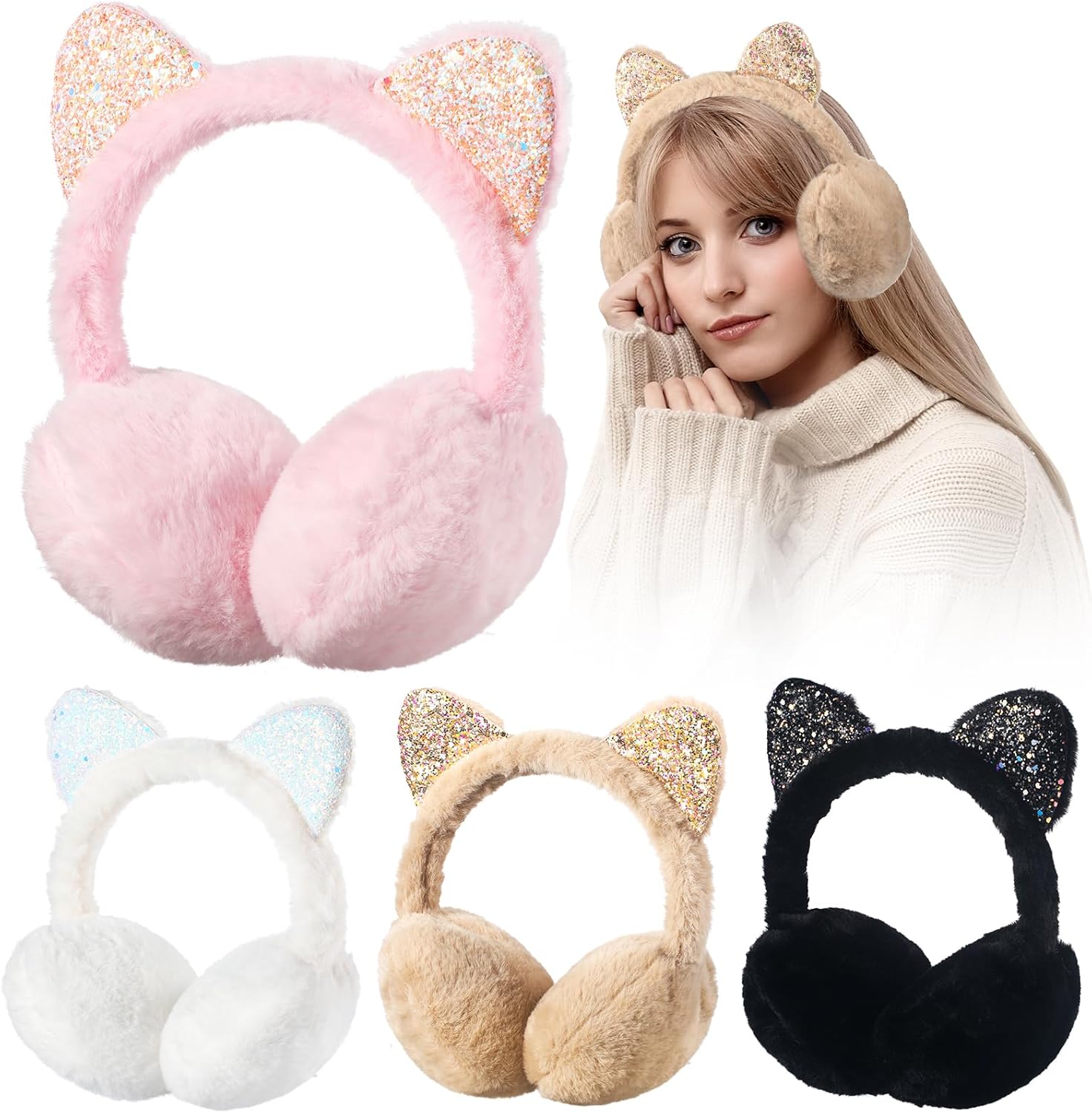 Suhine 4 Pieces Winter Ear Muffs for Kids Faux Fur Cat Ear Warmers Cute Adjustable Ski Plush Padded Ear Covers Outdoor Ear Warmers for Girls White, Pink, Khaki, Black, One Size