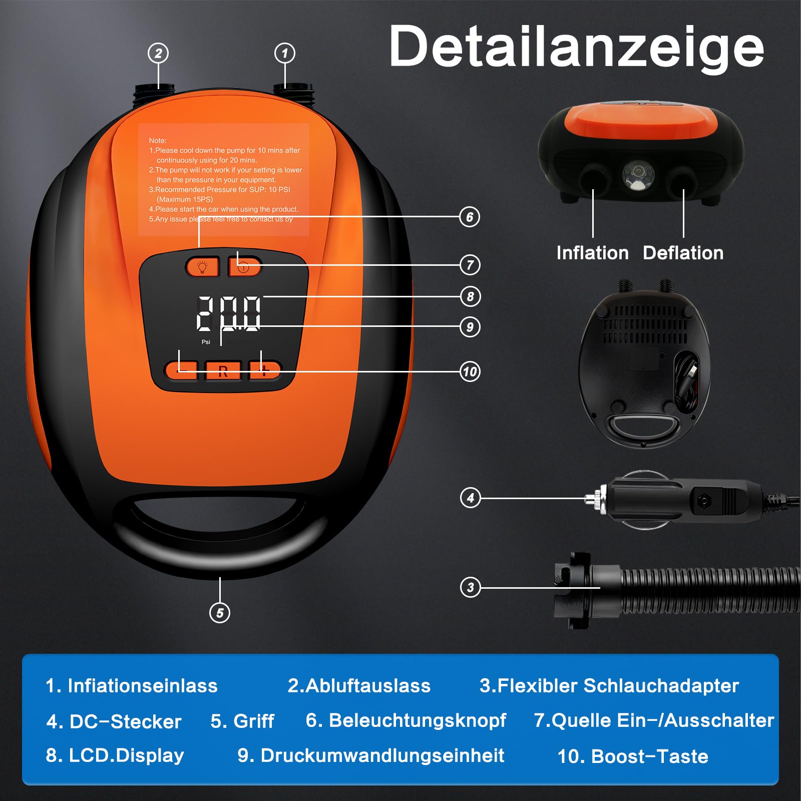 Pompa elettrica SUP 20 PSI, 12 V, pompa ad aria ad alta pressione con auto-off, display LCD, luce LED, 7 adattatori per stand up paddle board gonfiabile, kayak
