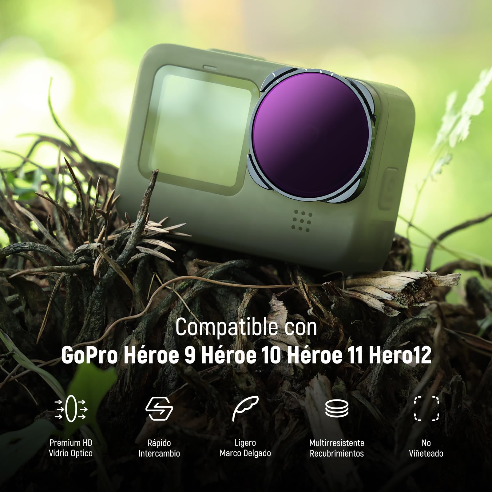 NEEWER Filtro Variable ND64-512 Compatible con GoPro 9 10 11 12 13, Filtro ND 5-9 Paradas Marco Delgado Vidrio Optico HD Multicapa, sin Patrón X
