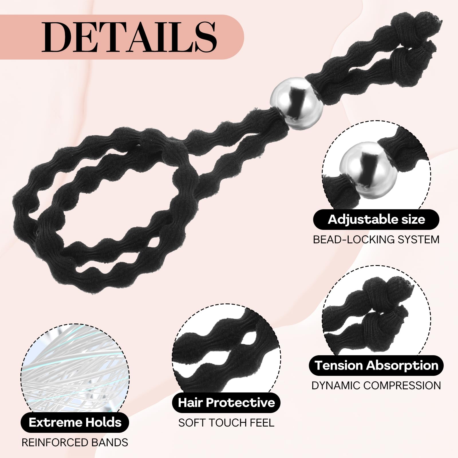 6Pcs No-Slip Hair Ties for Natural Curly Adjustable Afro Puff Cuff Drawstring Ponytail Holder, Black Elastic Scrunchies - Image 3