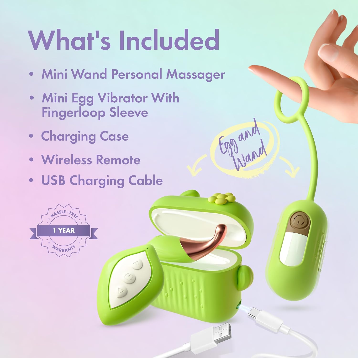Blush Play with Me Blooming Bliss 4 Piece Set - Mini Clitoral Massage Wand & Egg Vibrator with Wireless Remote - USB Travel-Friendly Charging Case - Finger Loop Attachment - Adult Sex Toy - Green