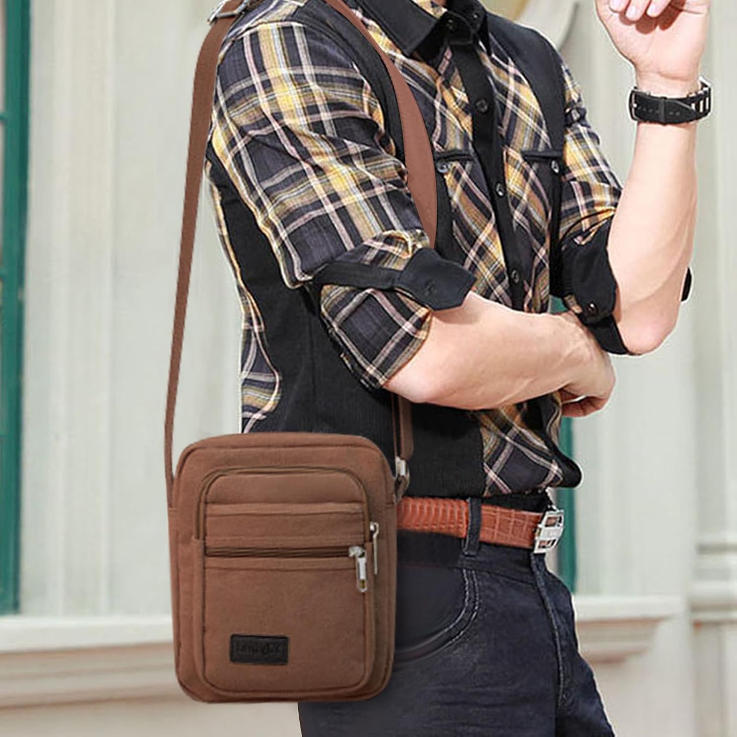 FuninCrea Crossbody Bag, Canvas Shoulder Bag Messenger Bags for Men, Multi Pocket Crossbody Phone Bag for Travelling, Hiking