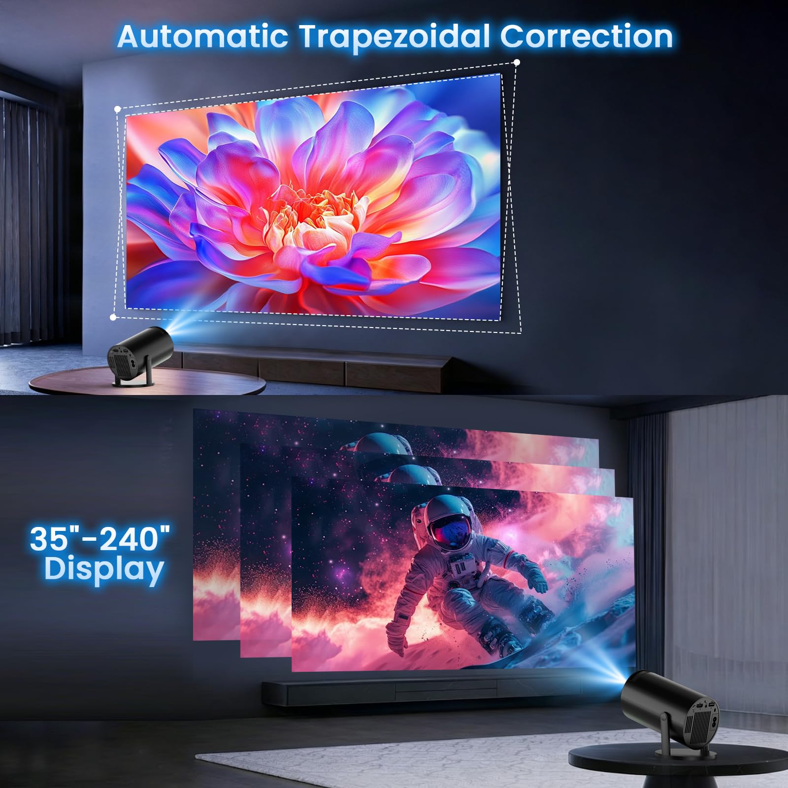Mini Beamer 4K Full HD 1080P Projektor mit WiFi 6 Bluetooth 5.2 Auto Keystone 180° Drehbar Schwarz