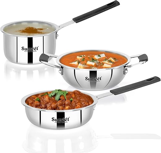 Sumeet Cook Smart ISI Certified Tri-Ply (Steel – Aluminium – Steel) Set of 3 Pcs Mini Kadhai – FryingTadka Pan- SauceTadka Pan 450ml with Silicon…