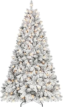 Maylaviu 7ft Prelit Flocked Christmas Tree, Frosted Artificial Christmas Tree with 500UL Lights, Pine Cones & 1124 Tips, Auto Hinged Easy Setup Full Prelighted Fake Christmas Tree