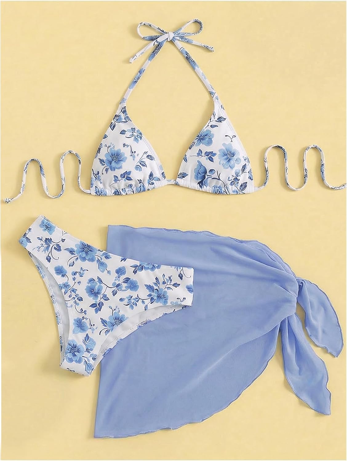 SHENHE Women's 3 Piece Polka Dots Floral Bikini Set with Wrap Coverup Halter Triangle Swimsuits