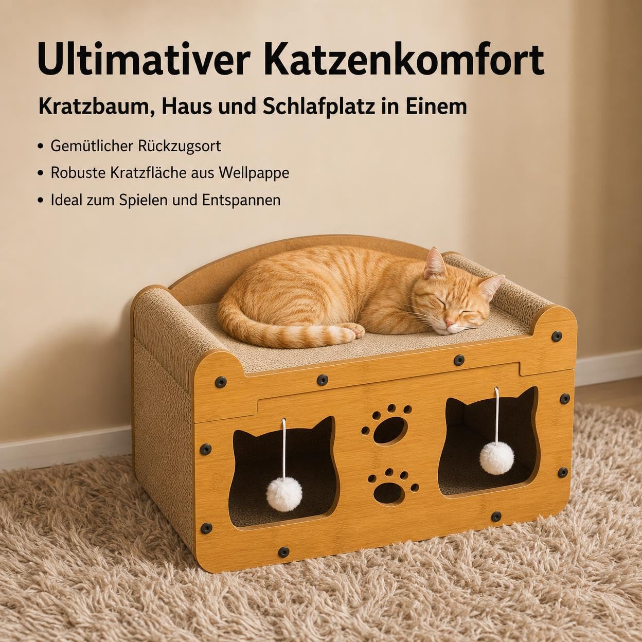 Kratzbaum Kratzfläche Katzenbett Spielzeug Wellpappe Stoff Funktion für Katzen Haustierbereich Wohnung Büro, Doppelschicht mit Doppeltür, 51 x 27 x 30 cm