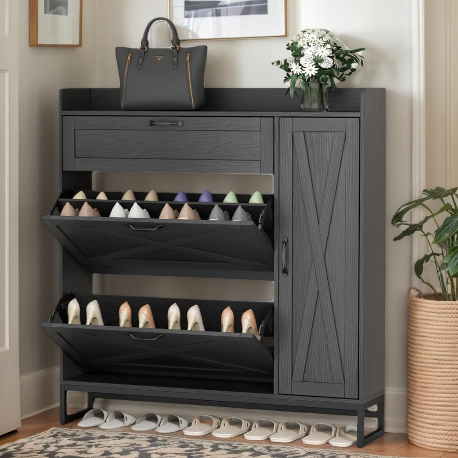 Shoe Storage Cabinet with 2 Flip Drawers, Freestanding Shoe Cabinet Organizer with Storage Shelf, Shoe Rack with Adjustable Side Cabinet, Narrow Farmhouse Shoe Cabinet for Entryway (Black)