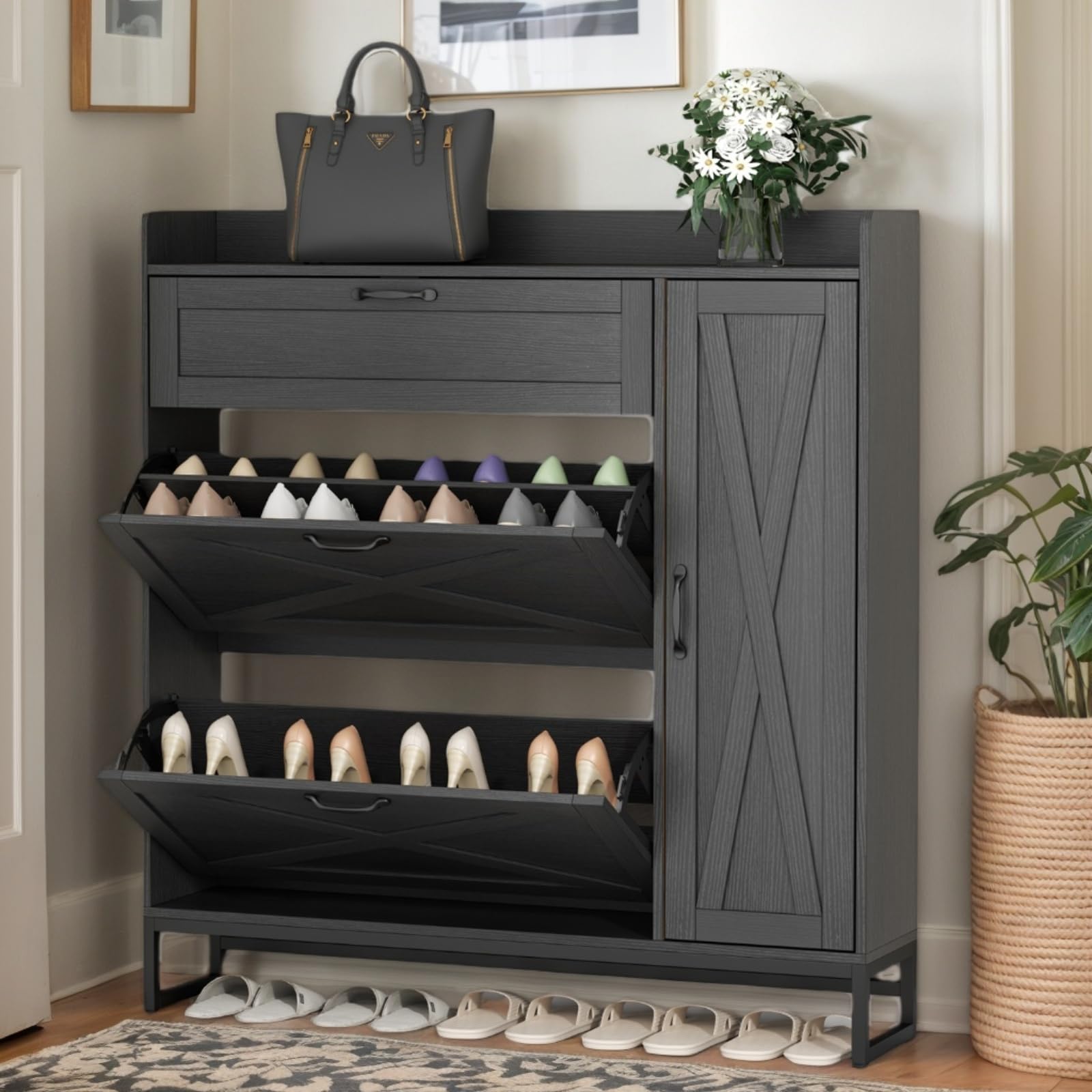 Gyfimoie Shoe Storage Cabinet with 2 Flip Drawers, Freestanding Shoe Cabinet Organizer with Storage Shelf, Shoe Rack with Adjustable Side Cabinet, Narrow Farmhouse Shoe Cabinet for Entryway (Black)