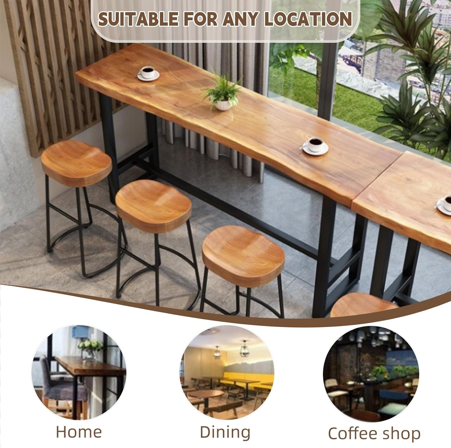 1.9in Thick Solid Wood Industrial Bar Table, Rustic Live Edge Counter Height Pub Table for Kitchen Island, Dining, Cafe, No Stools