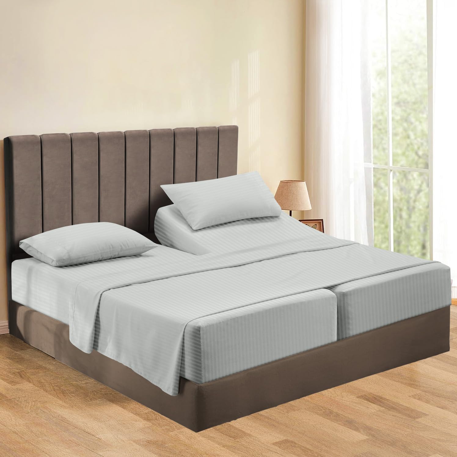 Split Queen 5 Piece Sheet Set for Adjustable Bed - Percale Weave 100% Cotton, Breathable Luxury Sheets Fits 7-9" Deep Pocket (Stripe, Silver Grey)