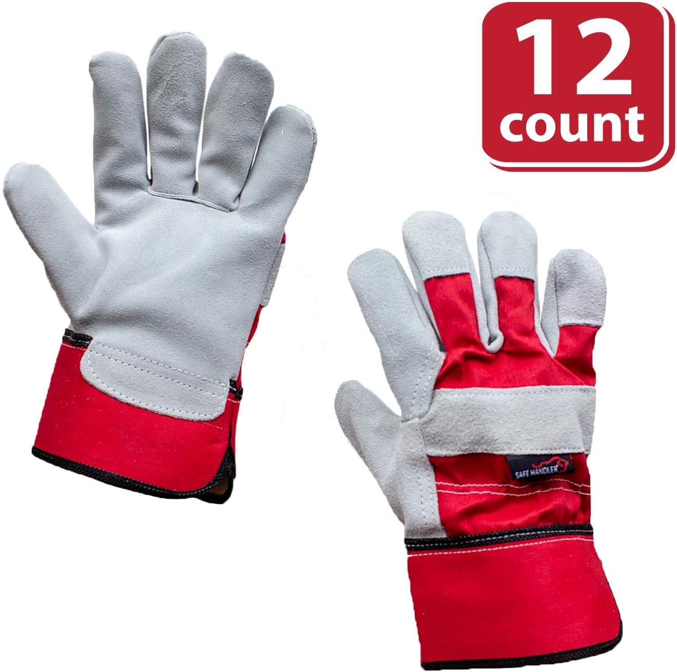 SAFE HANDLER Deluxe Work Gloves | Single Palm Split Leather, 3” Rubber Cuff, Cowhide Leather, Inner Cotton Lining, Rubberized Safety Cuff, Grade A Split Leather, 12 Pairs (24 gloves)