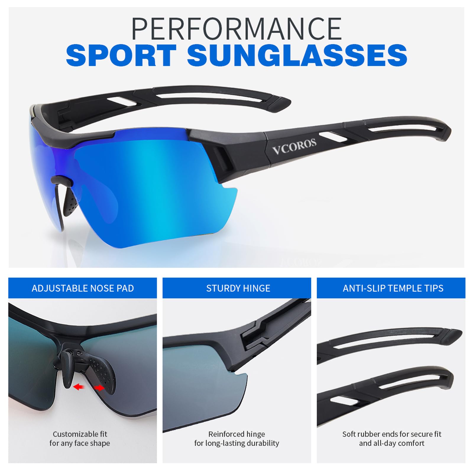 VCOROS Lunette de Cyclisme JN007 Lunettes velo Homme Femme Protection UV400 Monture TR90 Lunette de Soleil Sport pour Cyclisme Moto Pêche Conduire