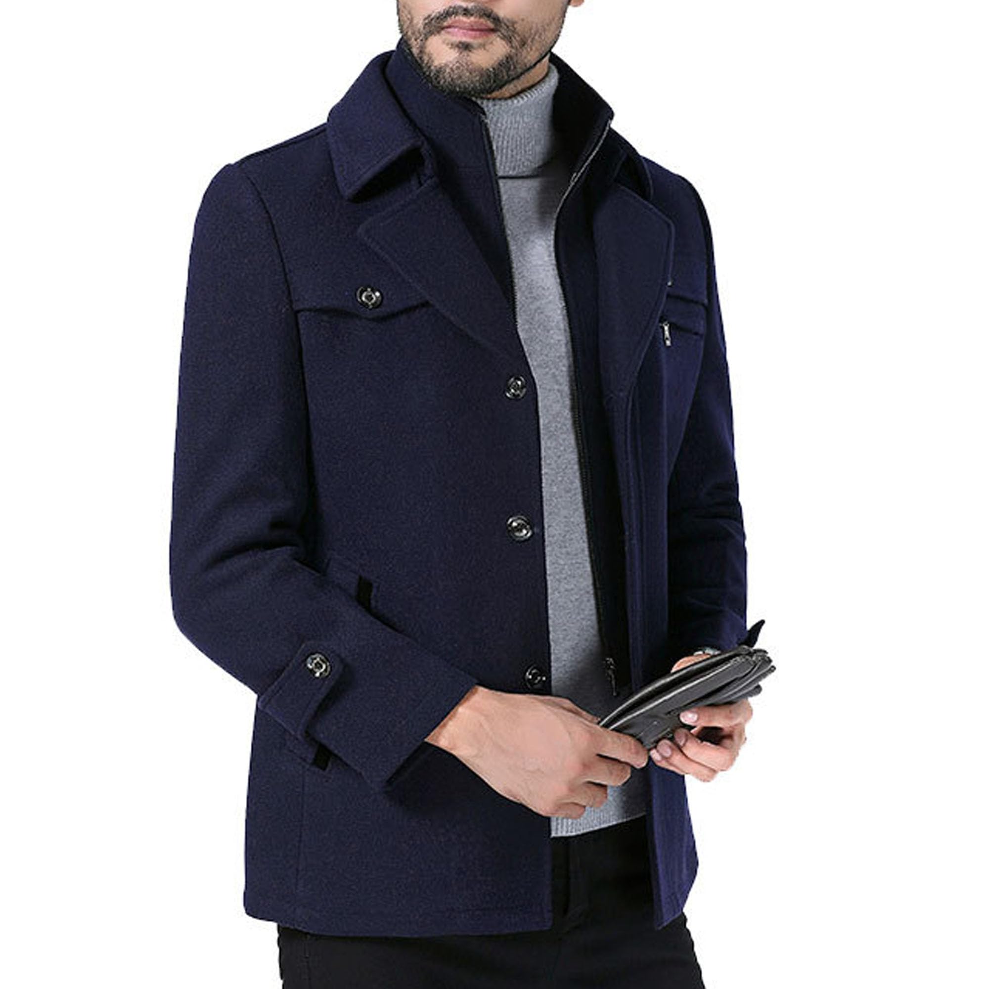 Trench in lana da uomo, invernale, monopetto, in misto lana, stile militare, classico, caldo ed elegante.