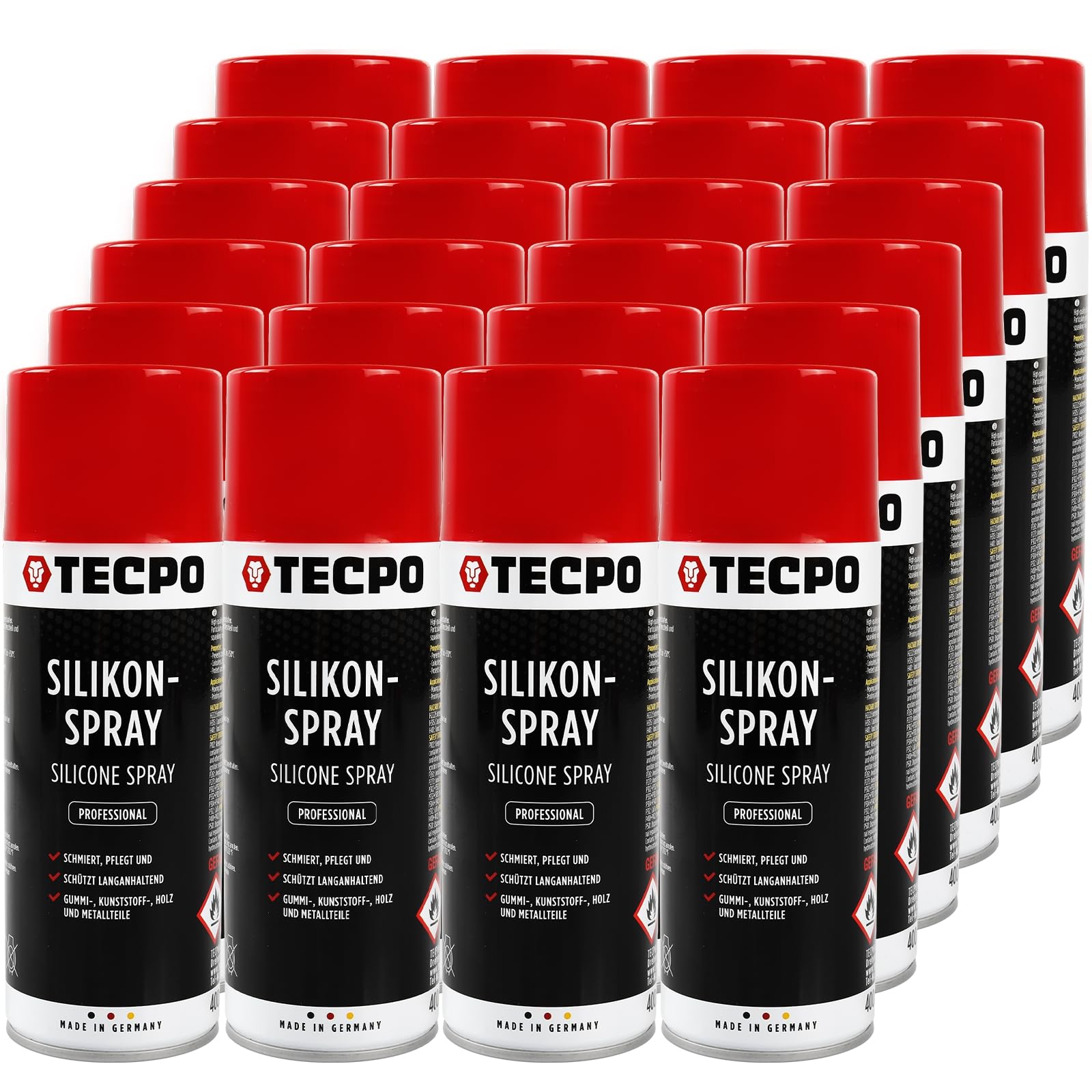 TECPO 24 aerosoles de silicona, 400 ml de lubricante en spray lubricante, para la protección, cuidado y lubricación de metal, plástico, goma y madera