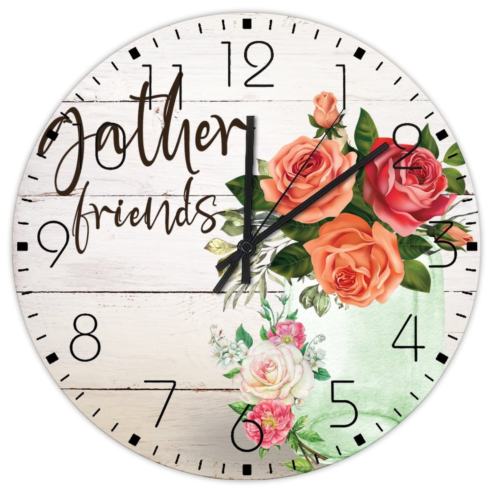 Horloge murale en bois silencieuse fleur rétro 30,5 cm pour salon et chambre