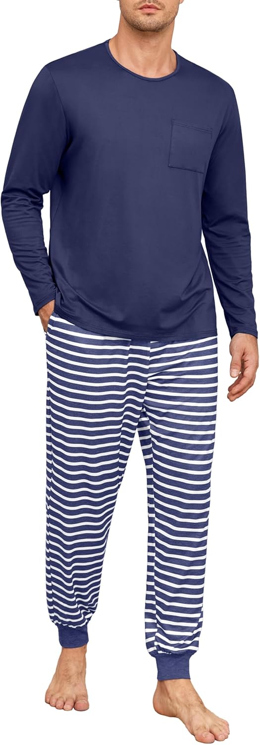 PrinStory Mens Pajamas Set Long Sleeve Pjs 2 Piece Pajama Soft Sleepwear Loungewear with Pockets - Image 2