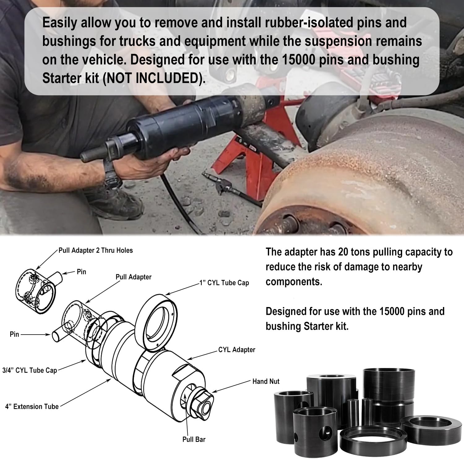 15030 Leaf Spring Pin & Bushing Adapter Service Kit Remover & Installer Tool Kit Fit for Heavy Duty Truck & Equipment