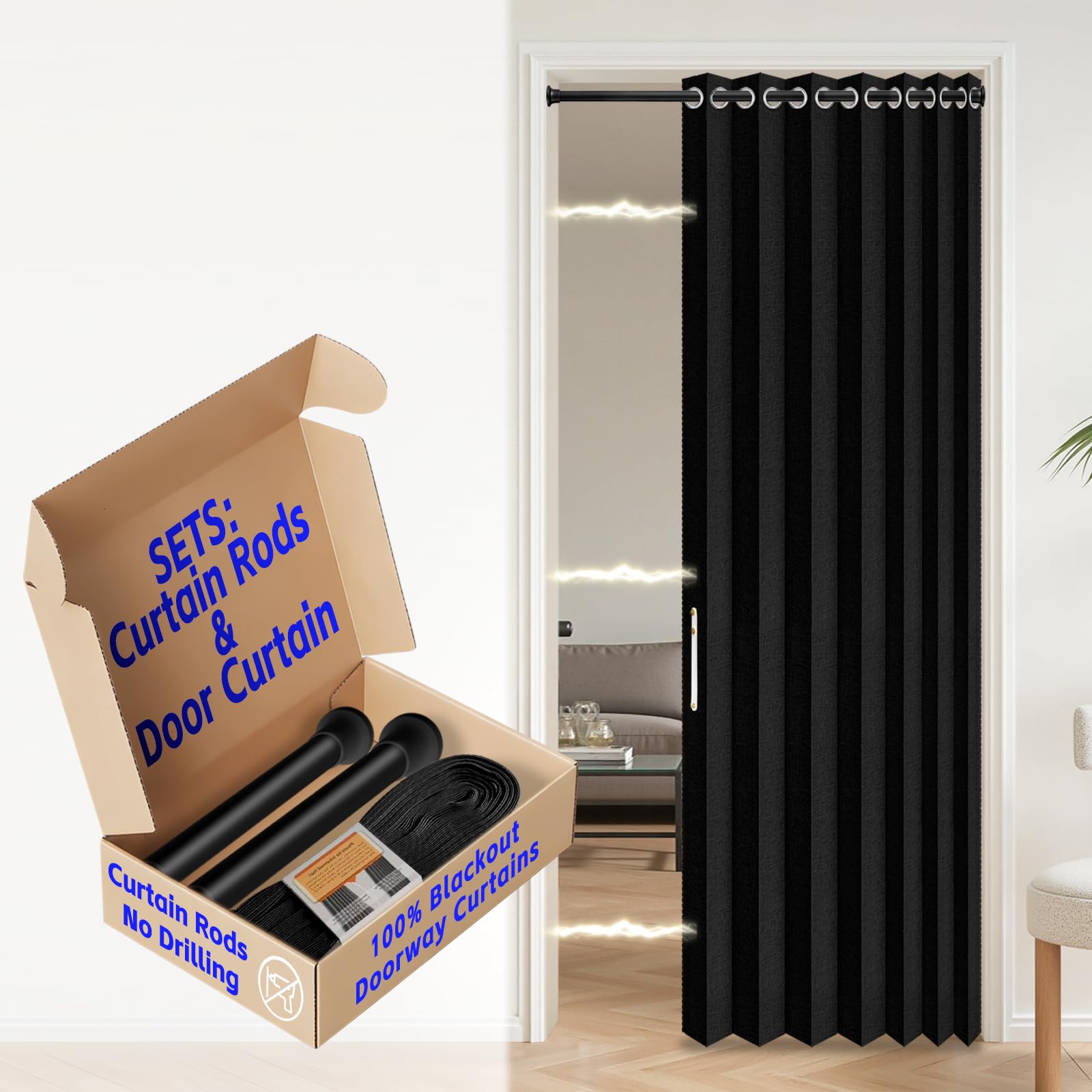 AJAZZ Blackout Sliding Door Curtains for Doorways with Curtain Rods Adjustable 28-39" Long, Accordion Doors for Doorway, Magnetic Door Curtain for Bedroom Curtain Set, 1 Pack, W45 x L80 in, Black