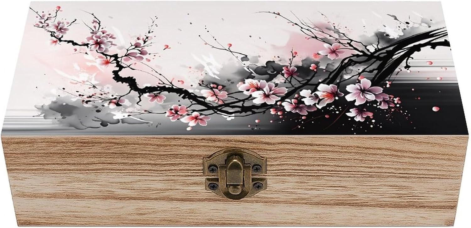Cherry Blossom Natural Wooden Storage Box with Hinged Lid - Vintage Decorative Wood Keepsake Box for Jewelry, Photos & Trinkets - Rustic Small Gift Box Organizer (7.9" X 3.9")