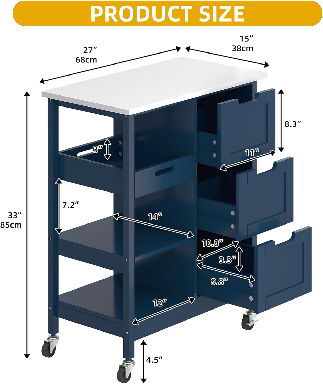 DWVO Solid Wood Top Rolling Kitchen Island Cart, 3 Tier Mobile Kitchen Storage Island Cart with 3 Drawers and 3 Opening Storage Shelves for Kitchen & Dining Area, Navy Blue