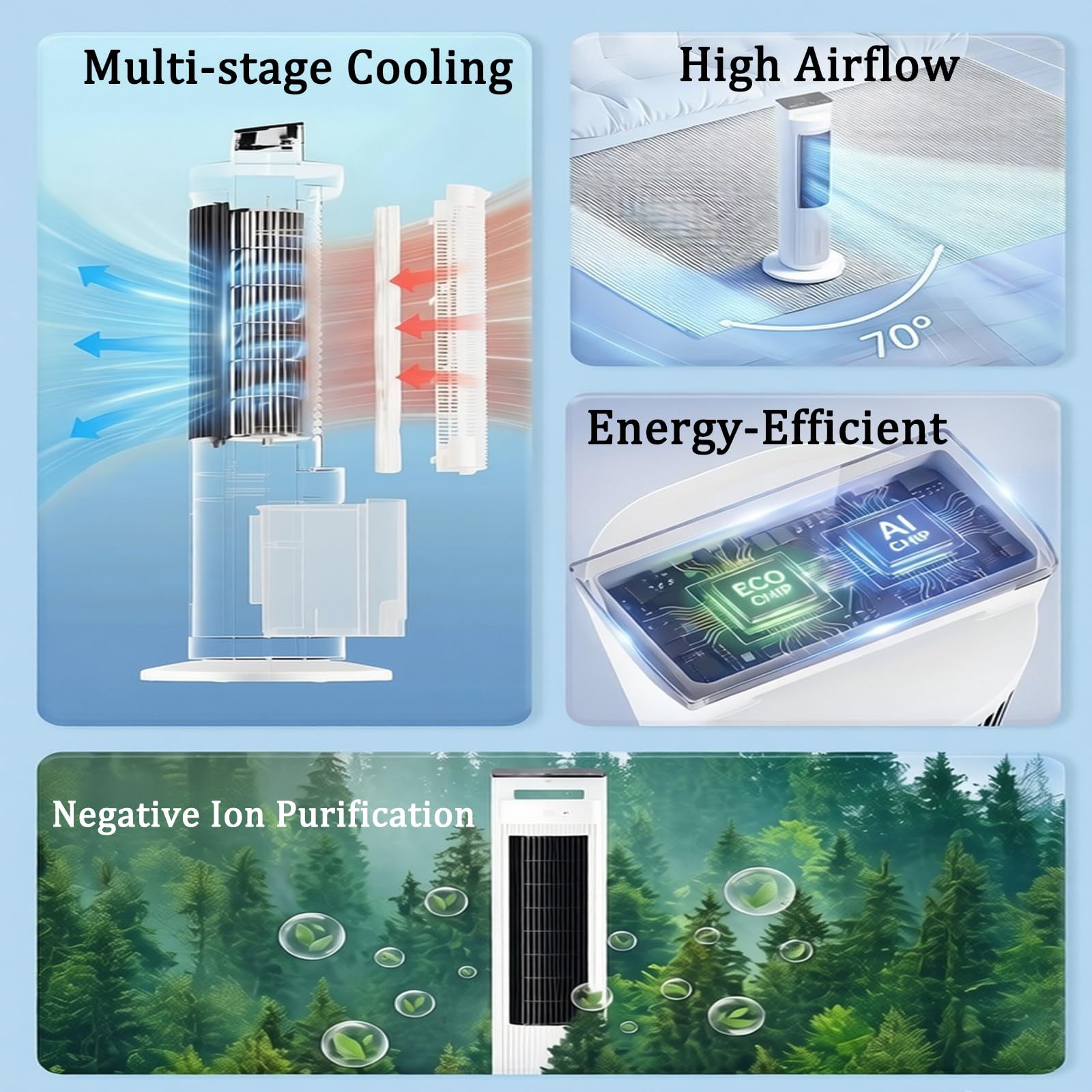 Ventilador de torre sin aspas 4 en 1, con oscilación y 3 velocidades | oscilación automática de 70°, humidificador y generador de iones negativos integrados, mando a distancia táctil