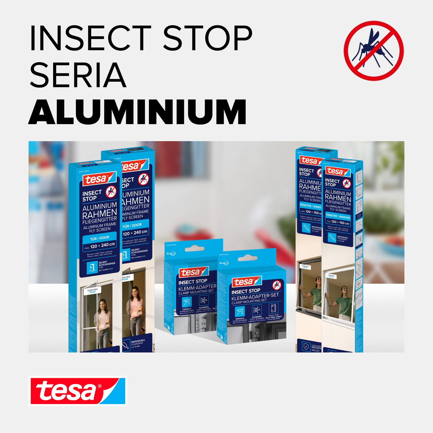 tesa INSECT STOP Aluminium For Doors Frame Fly Screen - siatka z ramą aluminiową, czysty widok, biały - 100 x 220 cm